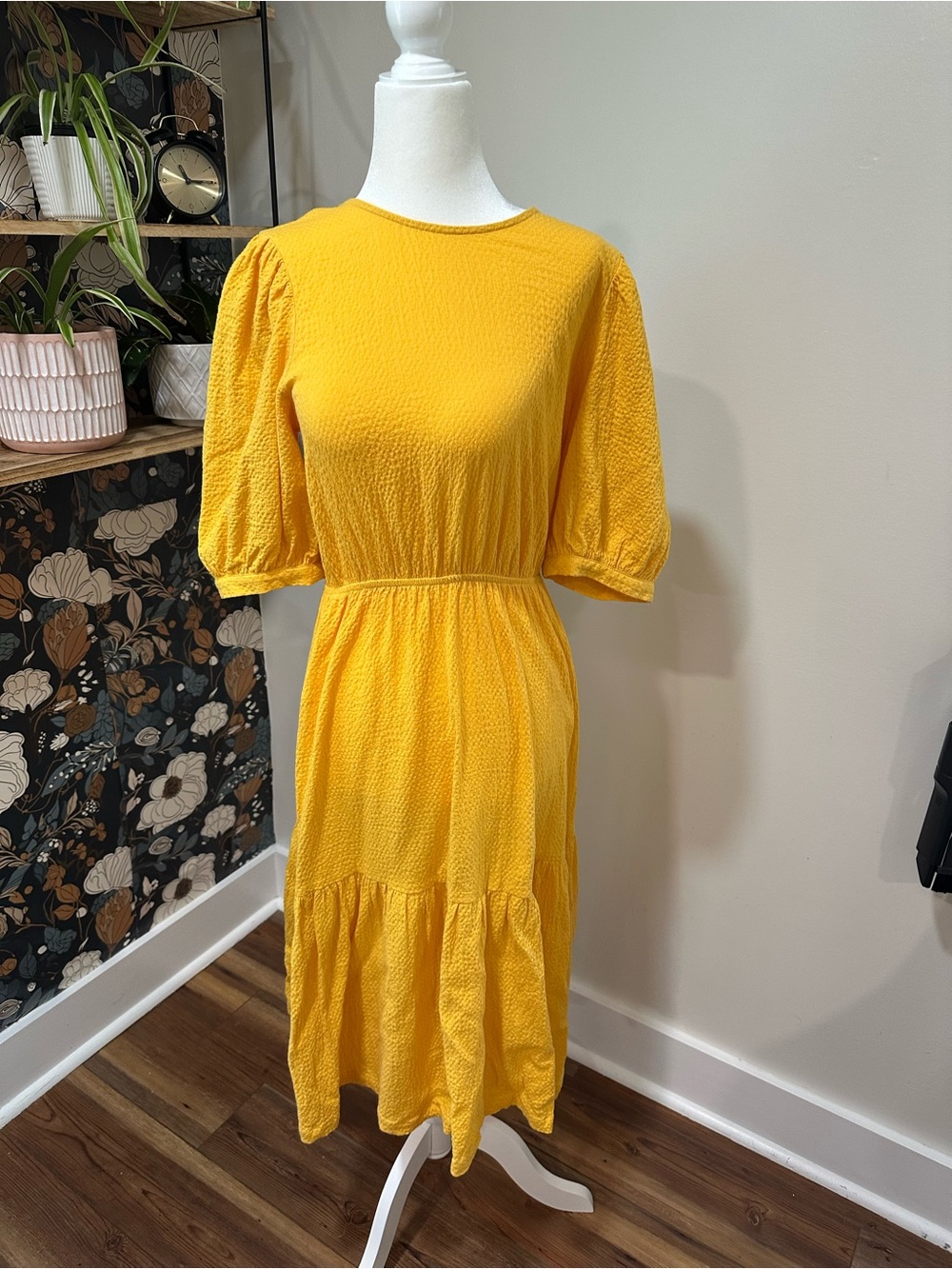 Sunday in Brooklyn Yellow Textured Puff-Sleeve Midi Dress